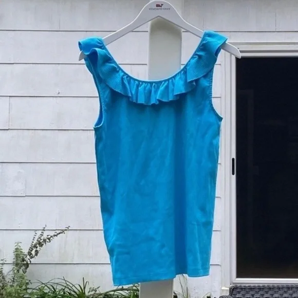 LAST CHANCE! J Crew Ruffle Neck Ribbed Blue Tank - Picture 2 of 3